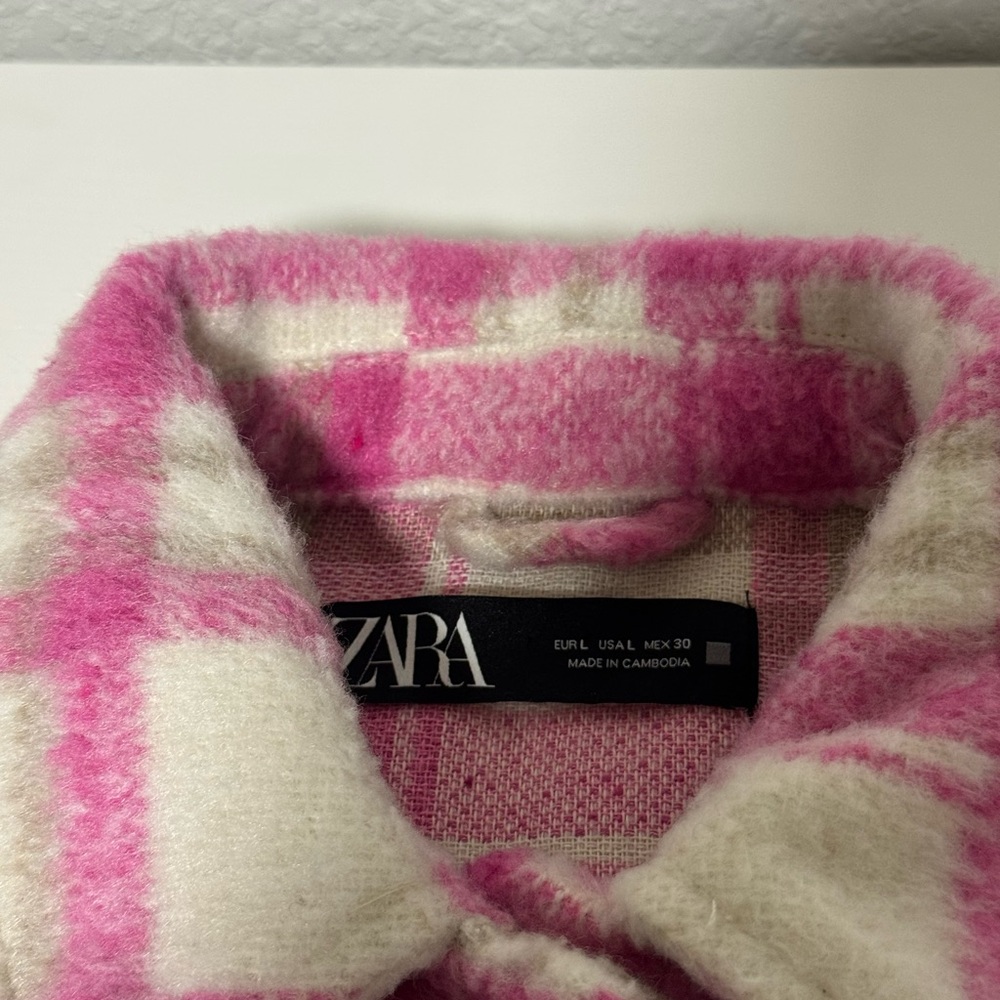 Zara Pink and White Plaid Fuzzy Jacket